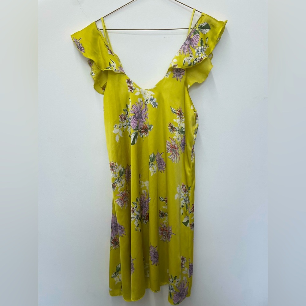 The Vanity Room Yellow Floral Satin Dress with Off-Shoulder Flutter Sleeves